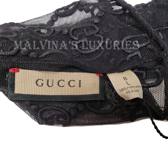 GUCCI GLOVES 787379 BLACK TULLE w GG LOGO MOTIF EMBROIDERY sz 8 / L - Picture 9 of 14